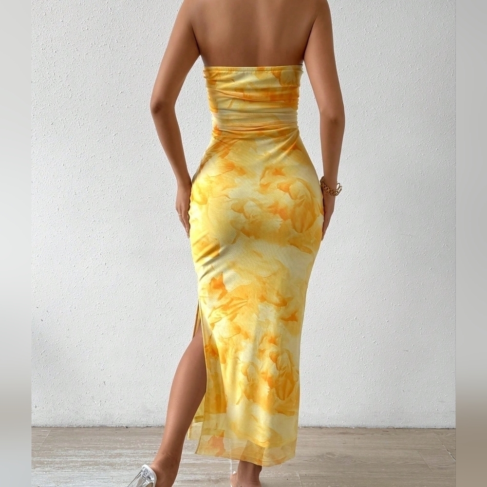 Tie Dye Strapless Dress With Side Slit Hem - Picture 4 of 4